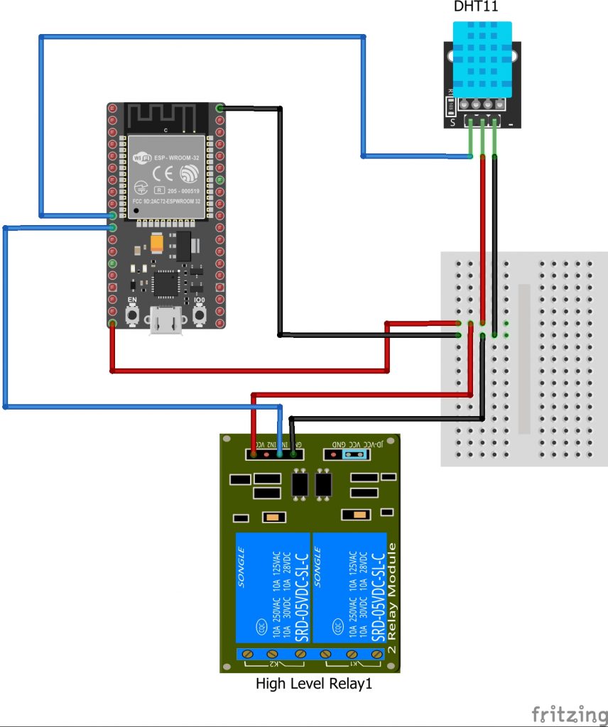 Fritzing diagram of the setup of an ESP32 with a relay and a DHT temperature sensor