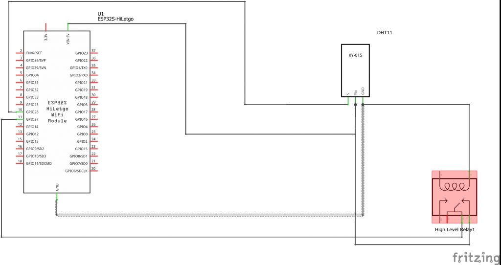 Fritzing schema of the setup of an ESP32 with a relay and a DHT temperature sensor