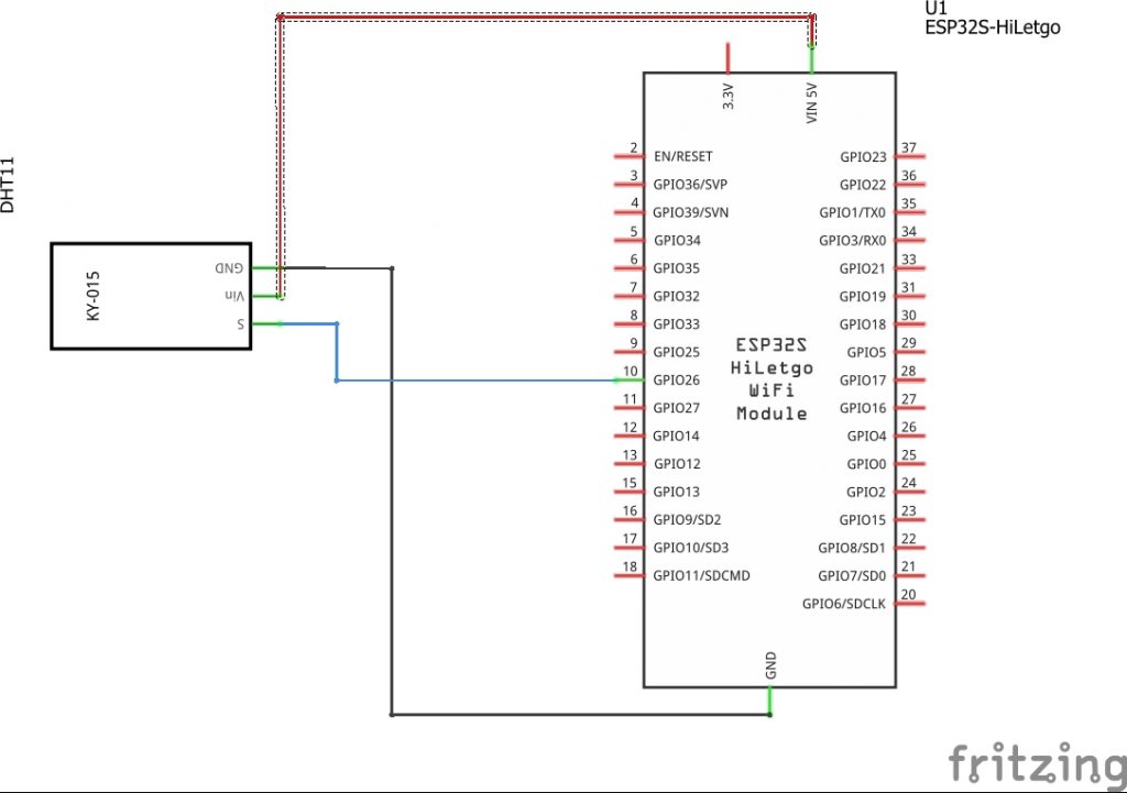 Fritzing schema with the setup of the ESP32 and the DHT temperature sensor